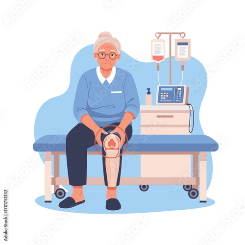 Elderly woman with knee pain and medical equipment, illustration for healthcare needs