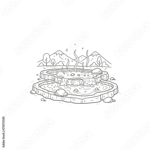 A whimsical, hand-drawn illustration of a hot spring nestled in a mountainous landscape.