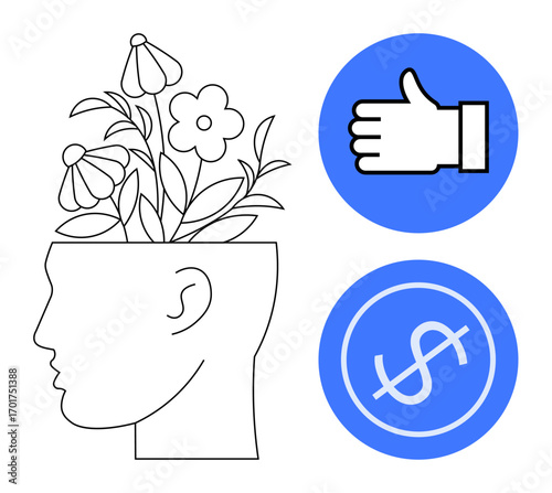 Head with blooming flowers signifying growth, next to a thumbs up for approval and a crossed dollar sign for economic concept. Ideal for personal growth, feedback, mental health, mindset