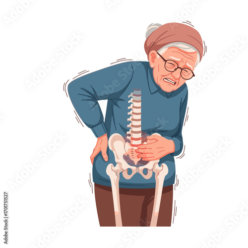 Elderly woman experiencing severe back pain, anatomical illustration of spinal column and hip bones