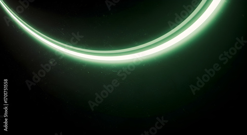 A glowing, neon green light trail curves against a dark, textured background.