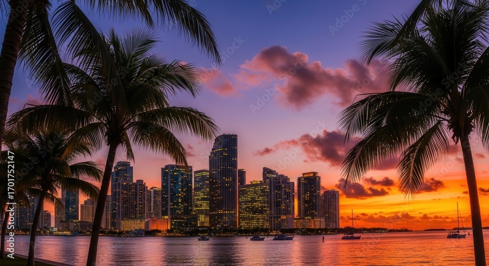 Obraz premium A tropical city skyline is silhouetted against a vivid sunset sky with palm trees framing the view over water dotted with boats and illuminated tall buildings