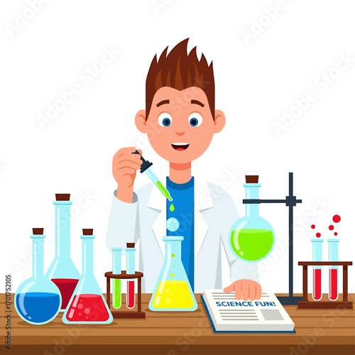A cheerful boy scientist conducts an experiment, carefully adding liquid to a flask, surrounded by colorful chemicals and a science book.