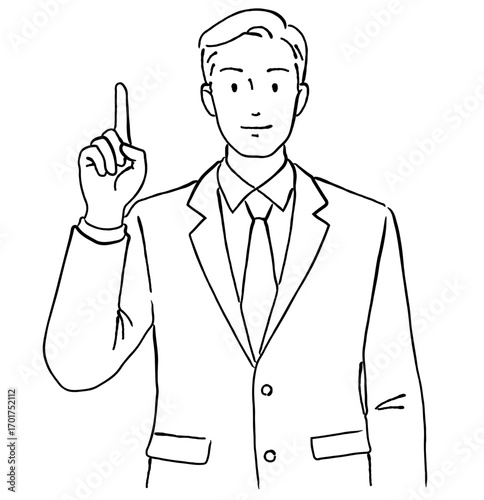 笑顔で人差し指を立てる男性のビジネスマンのおしゃれな線画アイコンベクターイラスト / オフィス / ラインアート