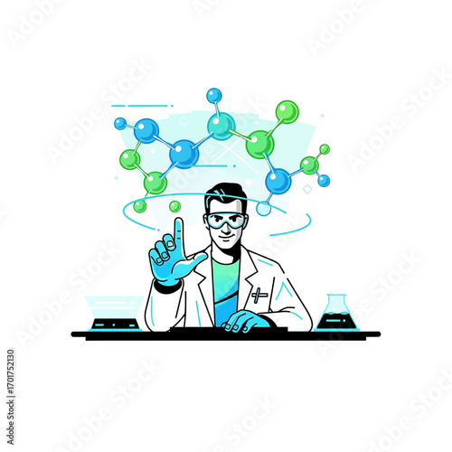 Scientist interacts with a 3D molecular model, conducting research at his lab desk.