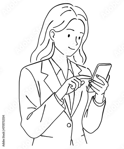 笑顔でスマートフォンを操作する女性のビジネスマンのおしゃれな線画アイコンベクターイラスト / オフィス / ラインアート