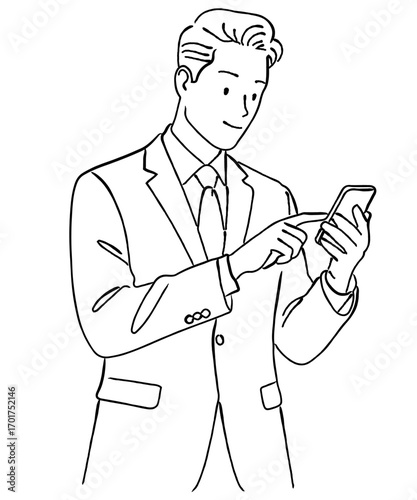 笑顔でスマートフォンを操作する男性のビジネスマンのおしゃれな線画アイコンベクターイラスト / オフィス / ラインアート