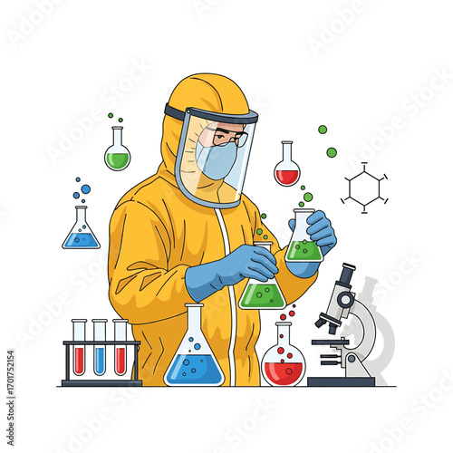 A scientist in protective gear conducts experiments with colorful liquids in laboratory glassware.