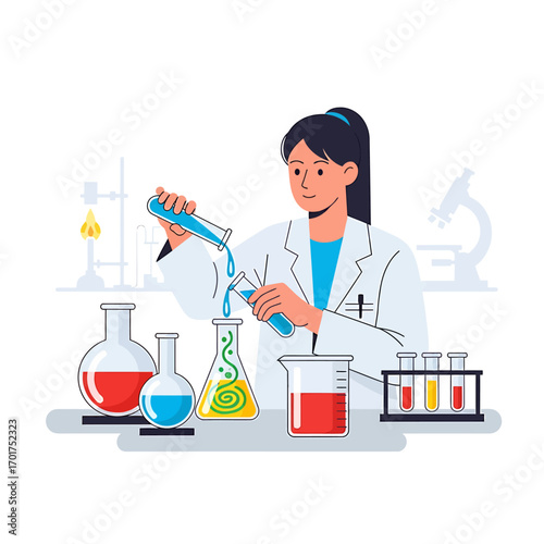 A female scientist conducts an experiment in a laboratory, carefully pouring liquids between beakers and test tubes.