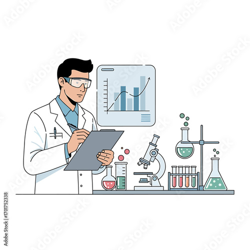 Scientist in lab coat taking notes on a clipboard, with scientific equipment and a graph in the background.