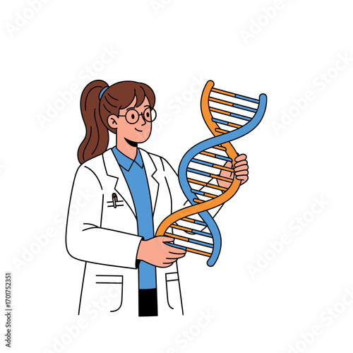 A female scientist proudly displays a large DNA double helix model.