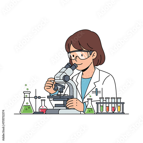 A female scientist meticulously examines a sample under a microscope in a well-equipped laboratory.