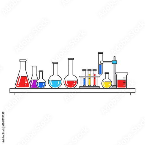 A collection of colorful laboratory glassware, arranged on a shelf, illustrating scientific experimentation.