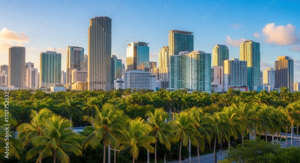 Obraz premium A vibrant city skyline features numerous tall buildings rising above a lush canopy of green palm trees under a clear blue sky with soft clouds