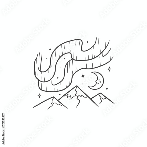 A minimalist illustration of mountains under the dancing aurora borealis and moon.