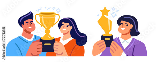 Success, leadership, awards. Happy people with trophies. Award ceremony, triumph. Business achievements