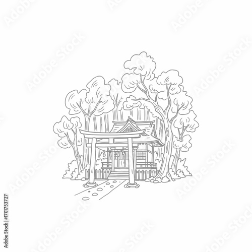 Serene line drawing of a Japanese shrine nestled amongst trees, a traditional torii gate leading to the entrance.