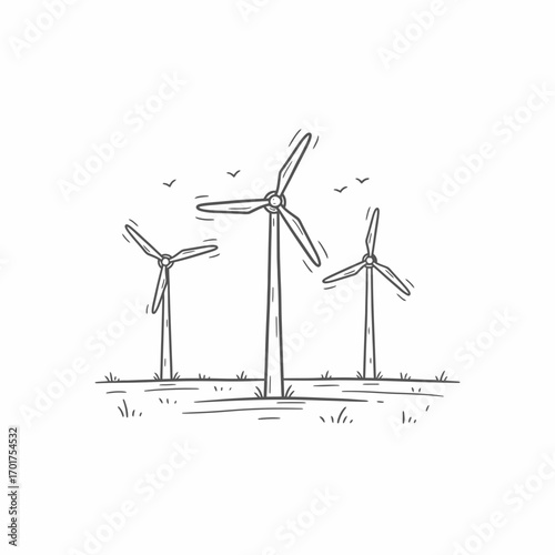 Hand-drawn sketch of three wind turbines in a grassy field, birds flying overhead, representing clean energy.