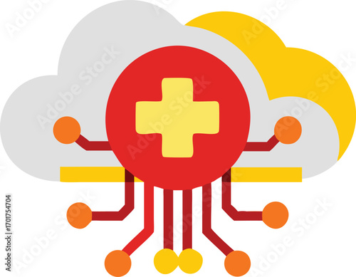 Digital healthcare cloud icon with a red circle and yellow cross symbolizing medical technology and data connectivity in a modern abstract design