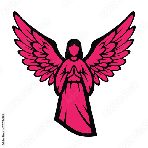 flat vector Praying angel with vibrant pink wings and flowing robe