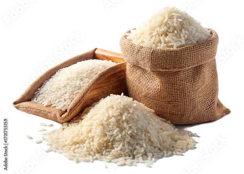 Arborio rice with rice bag isolated on a white or transparent background