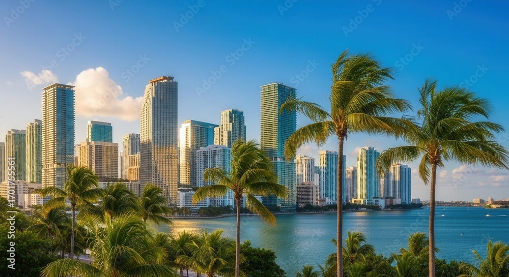Fototapeta premium Modern city skyline with tall buildings lush palm trees and a bay under a clear blue sky with scattered clouds