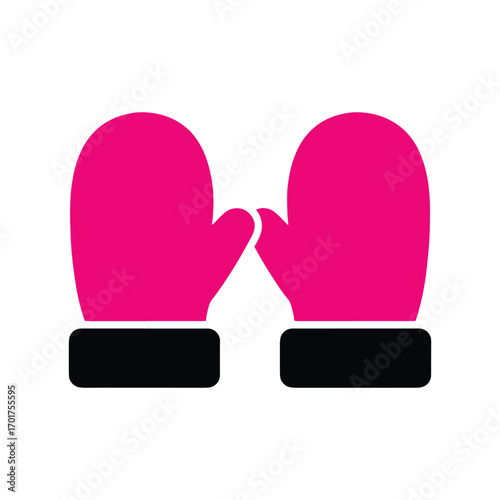 flat vector Vibrant pink mittens with black cuffs, winter warmth icon