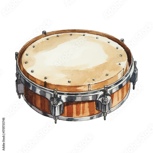 Watercolor Snare Drum Vector Illustration with Wooden Frame and Metal Hardware