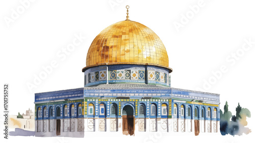 Dome of the Rock Vector Watercolor Illustration with Golden Dome and Blue Details