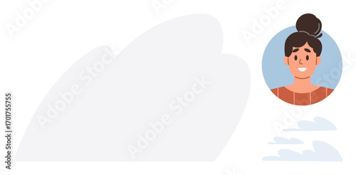 Portrait of smiling woman in bun hairstyle inside round frame with soft pastel clouds and open space. Ideal for profile, avatar, identity, biography, branding, communication, social media. Minimal