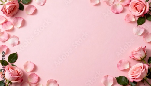 Elegant Pink Roses and Petals Arranged on Soft Pink Background, Ideal for Celebrations and Festive Occasions