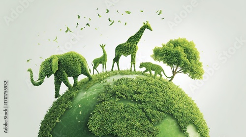 Digital illustration of green foliage Earth with silhouettes of elephant, giraffe, lion, tiger, sheep, tree and birds, symbolizing biodiversity and nature for World Animal Day