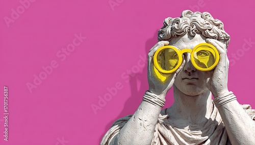 Classical Greek marble statue reimagined with modern binoculars and goggles against vibrant pink hyper style backdrop