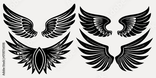 horizontal,icon set,angel,tattoo,
clip art,insigWing silhouette vector set, twelve symmetrical pairs, feather style variation, tattoo design element, logo graphic, fantasy illustration, black artwork

