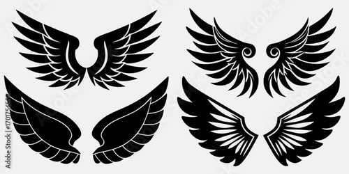 horizontal,icon set,angel,tattoo,
clip art,insigWing silhouette vector set, twelve symmetrical pairs, feather style variation, tattoo design element, logo graphic, fantasy illustration, black artwork
