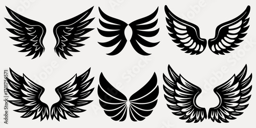 horizontal,icon set,angel,tattoo,
clip art,insigWing silhouette vector set, twelve symmetrical pairs, feather style variation, tattoo design element, logo graphic, fantasy illustration, black artwork
