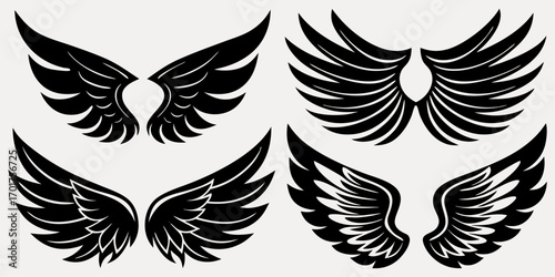 horizontal,icon set,angel,tattoo,
clip art,insigWing silhouette vector set, twelve symmetrical pairs, feather style variation, tattoo design element, logo graphic, fantasy illustration, black artwork
