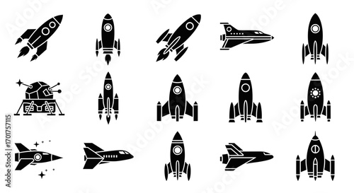 Collection of black and white rocket ship illustrations.