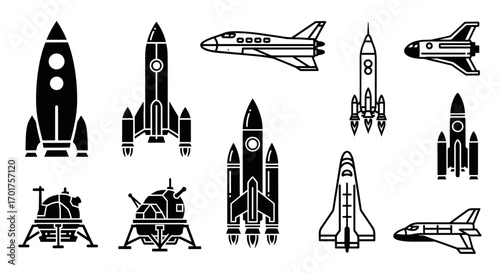 Collection of various spacecrafts, including rockets, shuttles, and lunar modules.