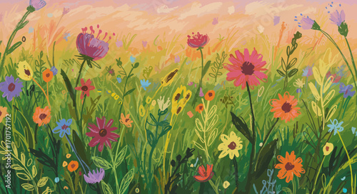 Vibrant floral meadow illustration evokes a sense of summer joy and nature's beauty