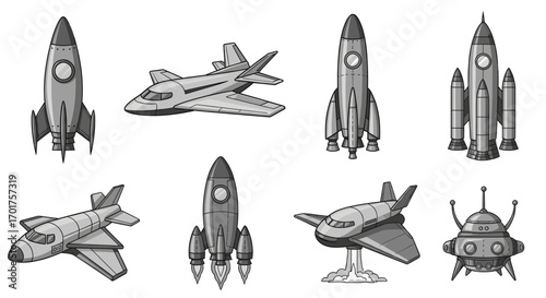 Collection of grayscale vector illustrations of rockets and airplanes.