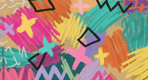 Colorful abstract background with geometric shapes and brush strokes design