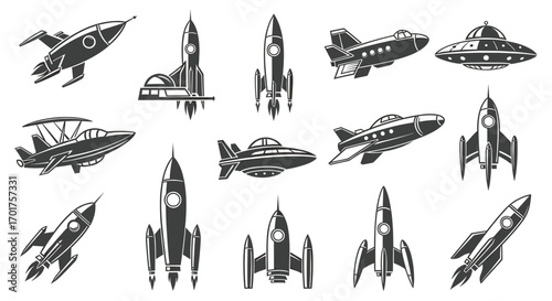Monochrome set of vintage space vehicles including rockets, flying saucers, and futuristic aircraft designs.
