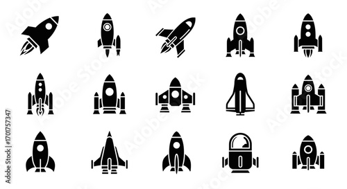 A collection of 15 black and white icons representing various types of rockets and spacecraft, suitable for space exploration themes.