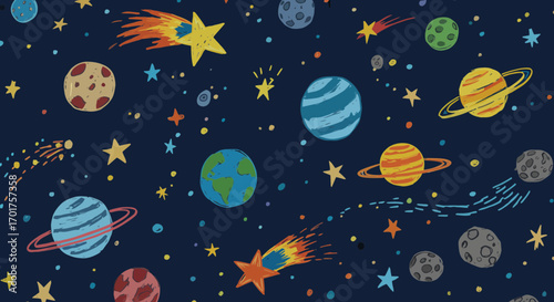 Whimsical outer space seamless pattern with planets and stars on dark background
