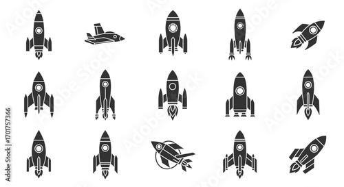 Collection of various rocket ship illustrations, showcasing different designs and styles for space travel.