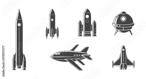 Collection of various stylized space vehicles, including rockets, a spaceship, and a flying saucer.