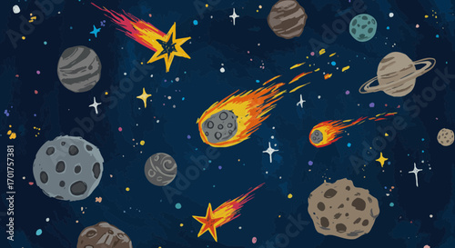 Cartoon Space Scene with Planets Comets and Stars on a Dark Blue Background
