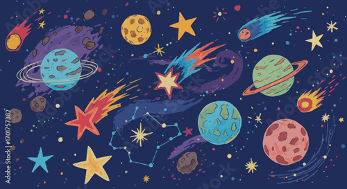 Hand-drawn cosmic illustration of planets, stars, comets, and galaxies with vibrant colors