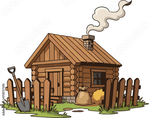 Log Cabin with Smoking Chimney, Wooden Fence, Shovel, Hay Bale, and Grain Sack – Rustic Farmhouse Vector Illustration